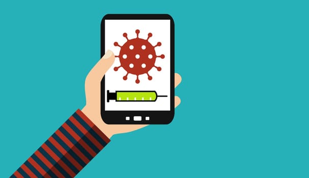 Hand with Smartphone showing Coronavirus Vaccine with Syringe and Covid-19 icon