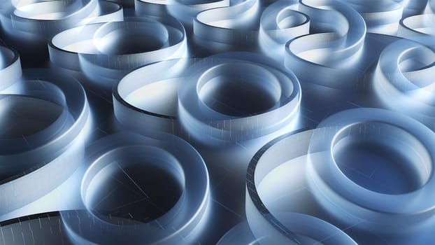 Round matte shapes lying on 3d render floor with digital abstract lines. Geometric abstract composition for cyber interior and web presentation. Realistic graphics with futuristic designs.