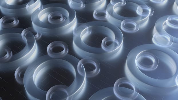 Round matte shapes lying on 3d render floor with digital abstract lines. Geometric abstract composition for cyber interior and web presentation. Realistic graphics with futuristic designs.