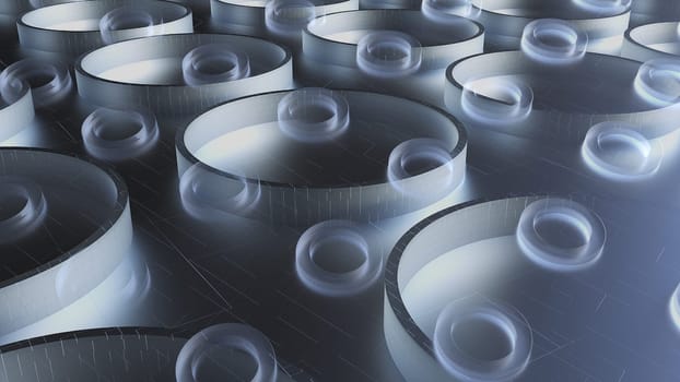 Round matte shapes lying on 3d render floor with digital abstract lines. Geometric abstract composition for cyber interior and web presentation. Realistic graphics with futuristic designs.