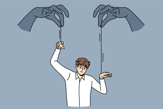Influence pressure and marionette concept. Human hands with threads influencing and making move young frustrated stressed businessman vector illustration