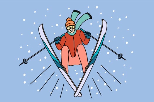 Winter activities and sport concept. Young smiling man athlete skier in sports clothes going to ride slopes on ski in winter having fun vector illustration