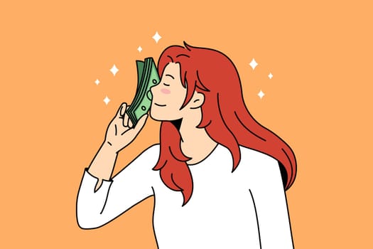 Financial profit and salary concept. Young smiling woman standing touching face with heap of green cash money feeling enjoyment vector illustration
