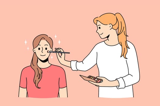 Beauty and make up concept. Young smiling woman artist doing make up working with skin of girl client sitting and waiting for perfect face vector illustration
