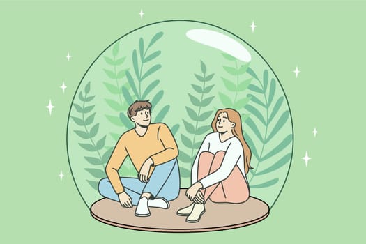 Fresh air and ecological conversation concept. Young smiling couple sitting in transparent glass ball with fresh plants inside looking at each other vector illustration