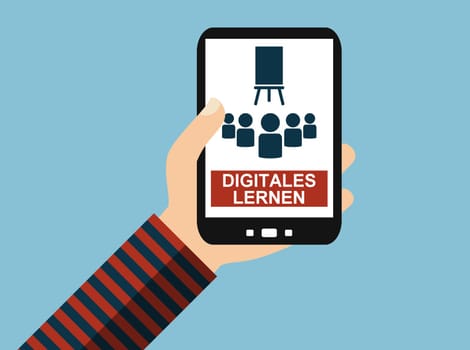 Hand with Smartphone: Digital Learning in german language - Flat Design