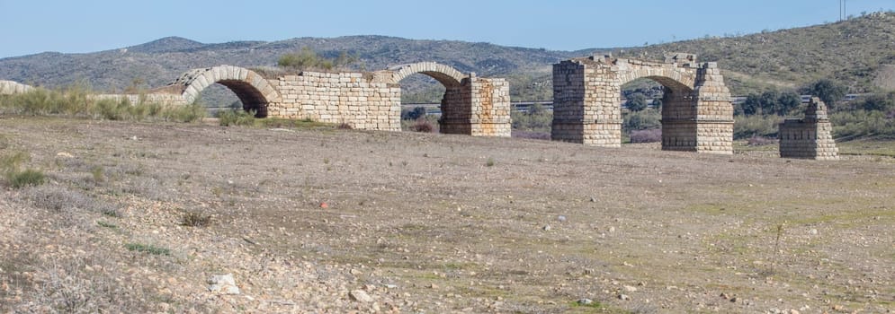 Alconetar Bridge remanis, Garrovillas de Alconetar, Caceres, Spain. Segmental arch bridge designed by Apollodorus of Damascus