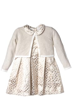 Party dress isolated. Closeup of a beautiful silver gold sleeveless baby girl dress with vest isolated on a white background. Clipping path. Kids summer clothes.