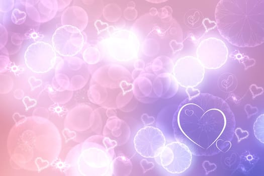 Abstract festive blur light pink blue background with white hearts love bokeh and stars for wedding card or Valentines day. Romantic textured backdrop with space for your design. Card concept.