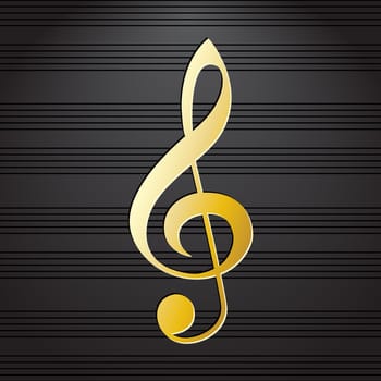 Treble clef on music staff background. Golden musical symbol on black background. Graphic design element for choir flayer, concert invitation, poster, scrapbooking. Vector illustration.