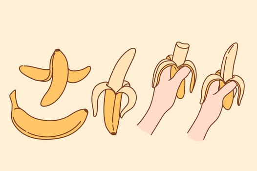 Set of ripe organic bio banana. Collection of people eating tropical exotic fruit. Bundle of nature fresh vitamin product. Garden and farming. Healthy habit. Cartoon character.