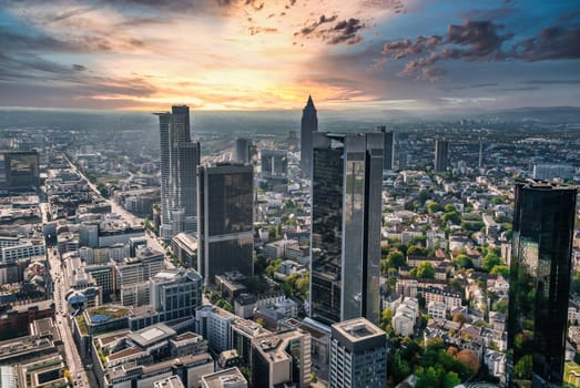 Beautiful aerial view of Frankfurt skyscraper Skyline during sunset in the evening, Germany