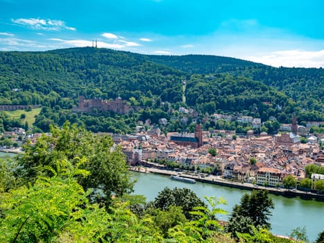 Aerial View of Heidelberg with castle and mountain during clear sky, Germany