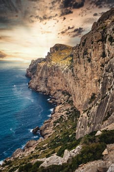 sunset at Cap Formentor, sea coast, Port de Pollenca, Serra de Tramuntana, Majorca, Balearic Islands, Spain