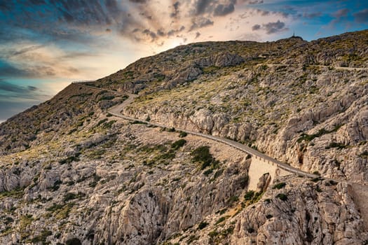road with sunset at Cap Formentor, Port de Pollenca, Serra de Tramuntana, Majorca, Balearic Islands, Spain