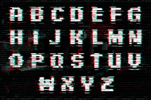 Alphabet with glitch and noise effect. Perfect style for digital illustrations. Vector abstract technology font