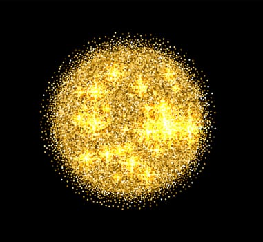 Isolated abstract round shape golden color shiny sun of tinsels image on black background, glowing disco ball, decorative element vector illustration.