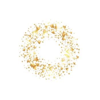 Isolated abstract golden circle logo. Round shiny luxurious brilliant triangles logotype. Glittering star dust icon. Festive glossy christmas wreath. Vector confetti illustration on white background