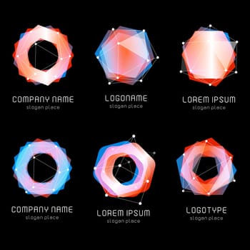 Unusual abstract geometric shapes. Vector logo set. Polygonal colorful logotypes collection on the black background