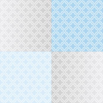 Isolated abstract blue and purple color backgrounds set. Cross in rhombus pattern collection. Seamless texture. Interior design elements. Old fashioned wallpaper. Tile decoration. Vector illustration