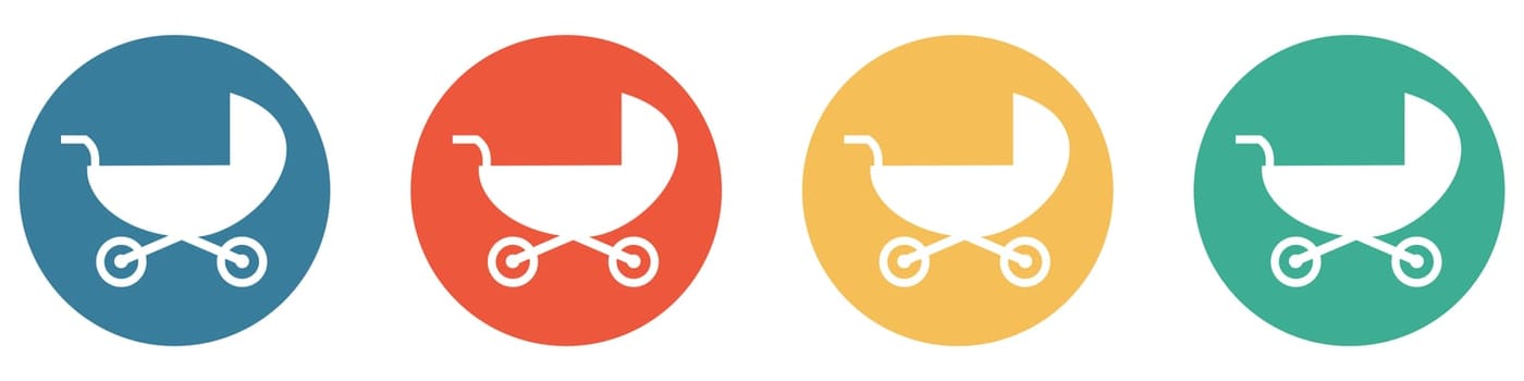 4 colorful Buttons blue, red, orange and green showing: Stroller for babies or small children