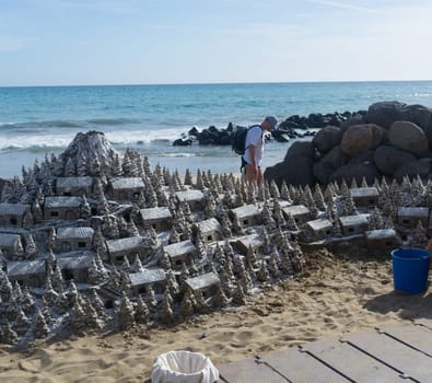 Cran Canaria, Meloneras, Spain - November 13, 2019:.Christmas Village of sand on the beach of Cran Canaria in Meloneras