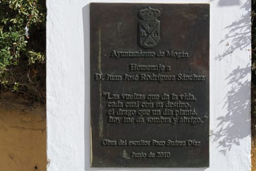 Cran Canaria, Mogan, Spain - November 15, 2019:.Bronze plaque by Juan José Rodríguez Sánchez in the mountain village of Brarranco de Mogan