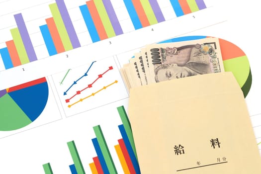 Japanese ten thousand yen bills and a salary bag on graph printed documents, Translation: Salary.