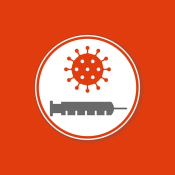 Red background banner with Virus and syringe icon in white circle - Covid-19 Vaccination