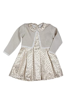 Party dress isolated. Closeup of a beautiful silver gold sleeveless baby girl dress with vest isolated on a white background. Clipping path. Kids summer clothes.