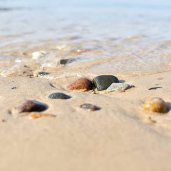 gravel on the beach of the Baltic Sea near Kolobrzeg in Poland in summer