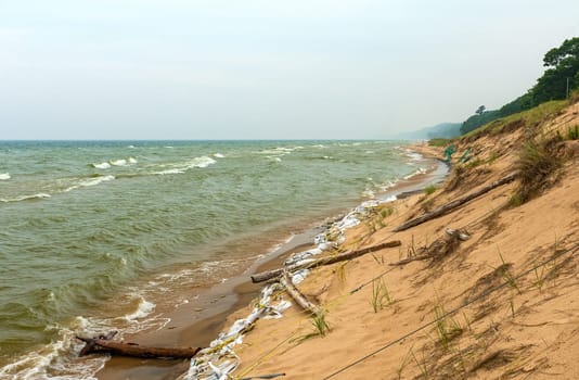 Sandbagged Lakeshore Fighting the Erosion From the Storm on Lake Michigan Near Montague Michigan