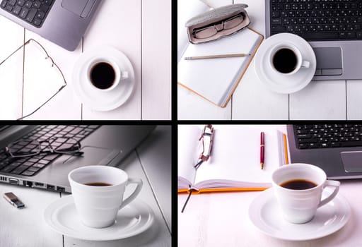The set of laptop, notebook with a cup of coffee and a pencil lying on a wooden table