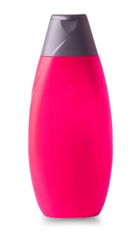 The pink plastic bottle with male shampoo carved on a white background