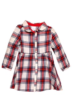 Summer dress isolated. Close-up of a beautiful red white checkered little girl dress with long sleeves isolated on a white background. Children autumn fashion.