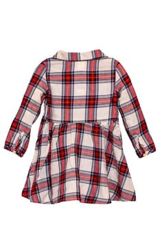 Summer dress isolated. Close-up of a beautiful red white checkered little girl dress with long sleeves isolated on a white background. Back view.
