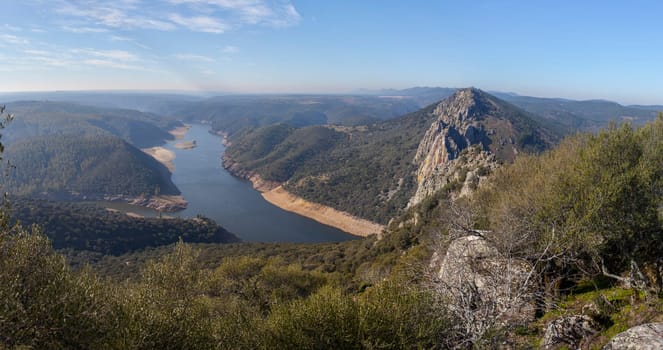 Tagus river flowing through Monfrague National Park, Caceres, Extremadura, Spain. Overview from the Castle