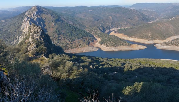 Tagus river flowing through Monfrague National Park, Caceres, Extremadura, Spain. Overview from the Castle