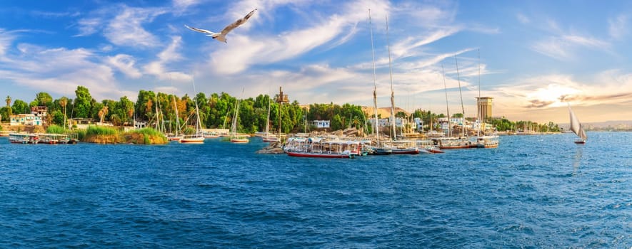 Nile scenery with boats and Aswan landscape, Egypt.