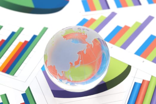 Glass globe of Japan and China with graph printed documents