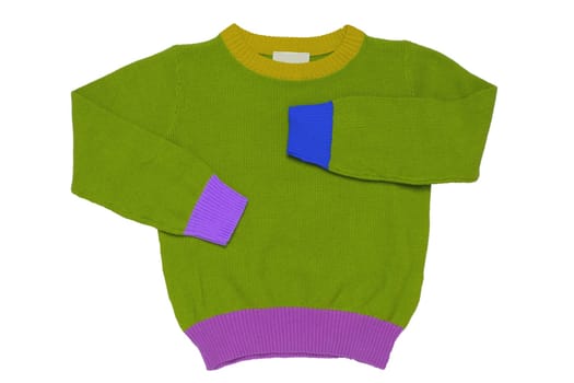 Top view of clothes for child boy isolated on a white background. A beautiful green little child sweater or knitted cardigan. Autumn and winter fashion for kids.