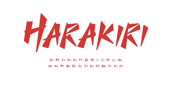 Japanese style font alphabet red brush letters. Modern asia logo and asian headline. Handwritten typography design. Paintbrush samurai tshirt, lettering, and printing type. Isolated vector typeset.