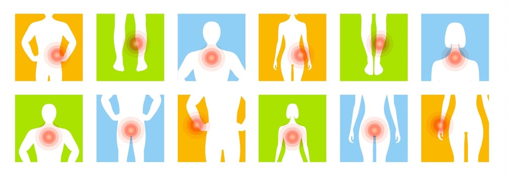 Pain on body. Pain syndrome, inflammatory process, disease, graphic for medical and pharmaceutical poster and banner. Vector illustration