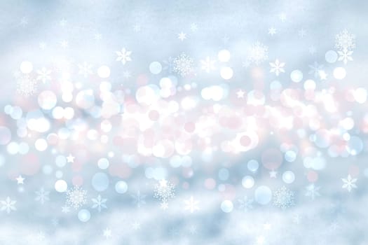 Abstract blurred festive winter christmas or Happy New Year background with shiny blue and white bokeh lighted snow landscape. Space for your design. Card concept.