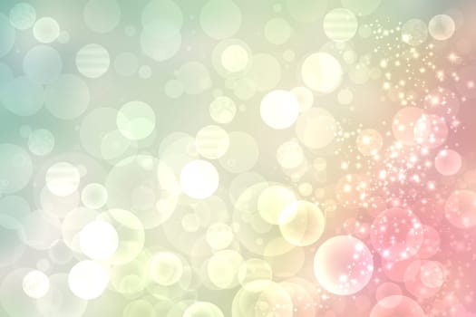 Abstract blurred fresh vivid spring summer delicate light green pastel yellow pink orange bokeh background texture with bright circular soft color lights. Beautiful backdrop illustration.