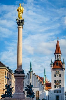 Marys Column and Old Town Hall on Marienplatz in Munich, Germany