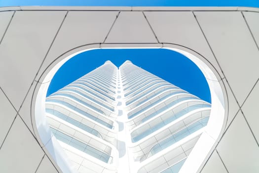 Frankfurt, Hessen Germany – 09.10.2021 Details from the luxory Grand Tower with many expensive apartments and office space for companies in the Europaviertel in Frankfurt am Main.