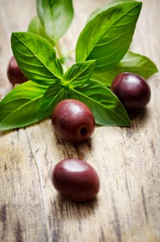 Black olives and basil on wooden table