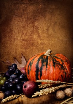 Autumn concept with seasonal fruits and vegetables