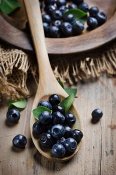 Fresh blueberries in wooden spoon